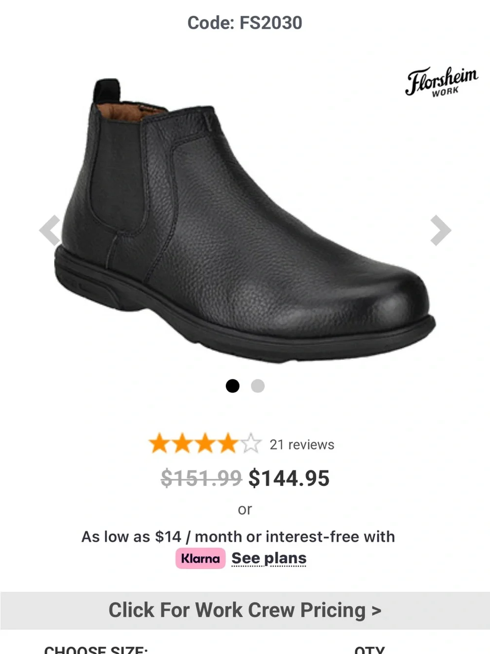 Florsheim Black Leather Chukka Boots, Steel Toe